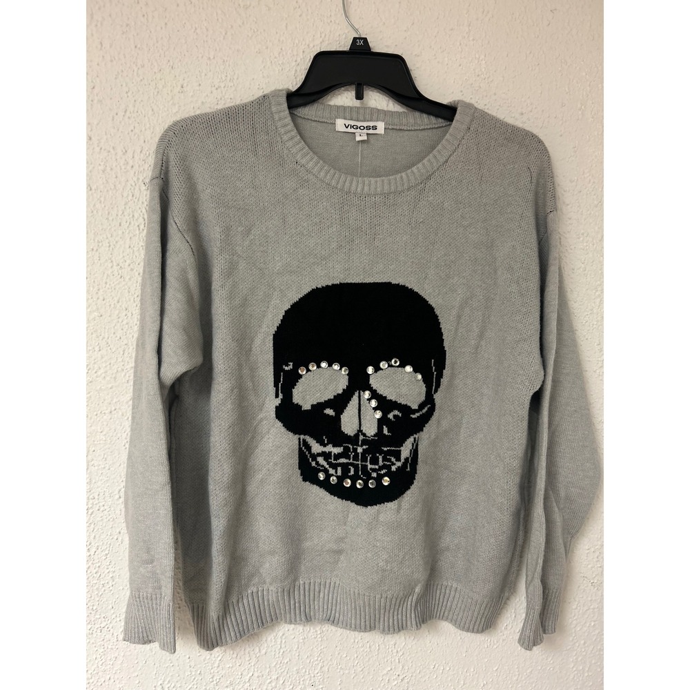 Vigoss Womens Gray Skull Rhinestone Graphic Knit Sweater Large NEW